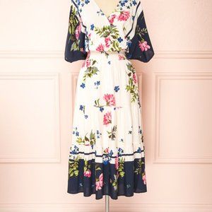 Floral faux-wrap midi dress in cream, navy and pink - 100% rayon, size S